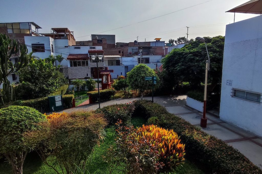 Alameda con áreas verdes frente a la casa vendida en Surco