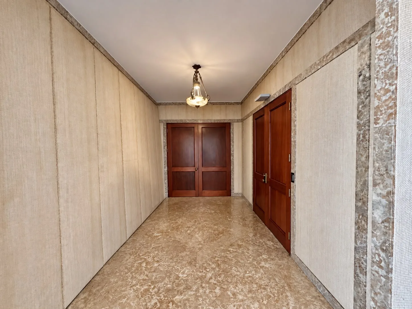 Hall con revestimiento y puertas de madera