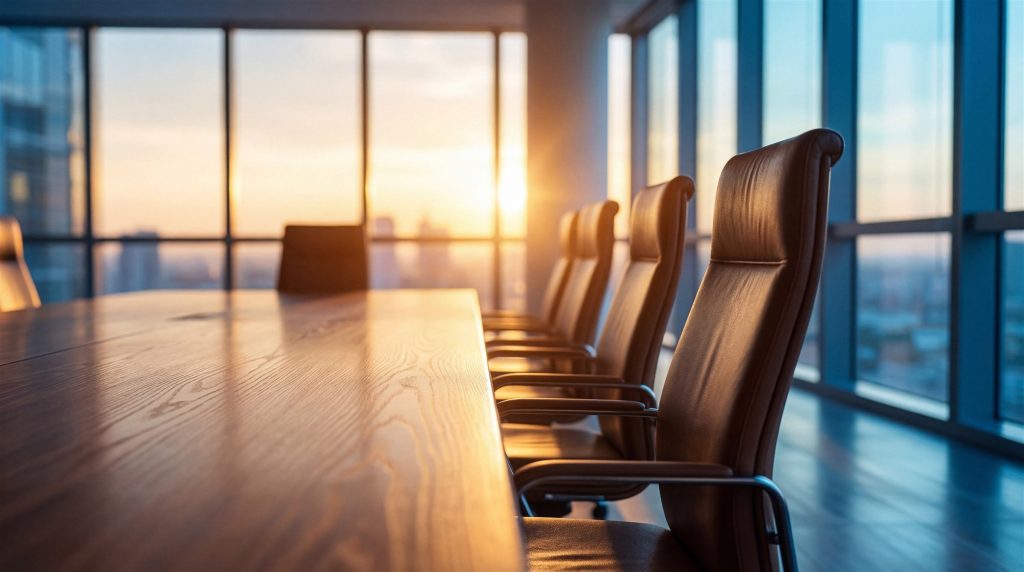Sala de directorio con vista a la ciudad al atardecer